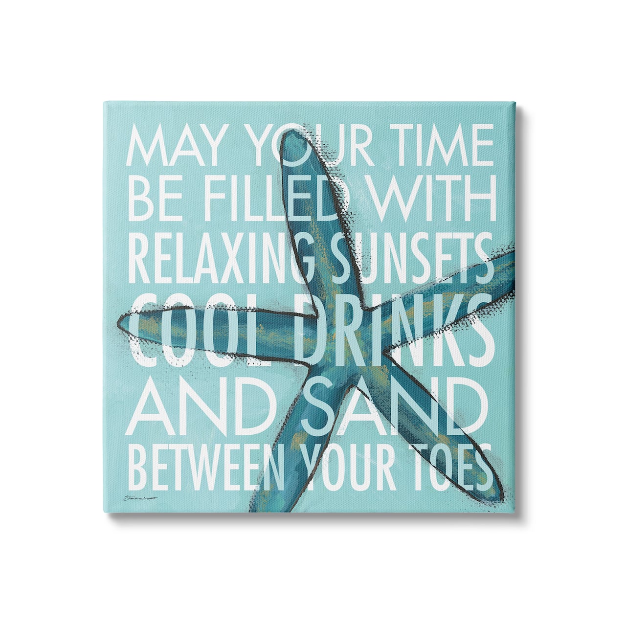 Stupell Industries Sunsets Cool Drinks Sand Beach Phrase Blue Starfish Canvas Wall Art